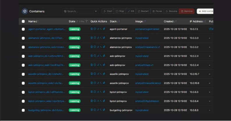 Portainer container list showing running stacks after migration from cPanel